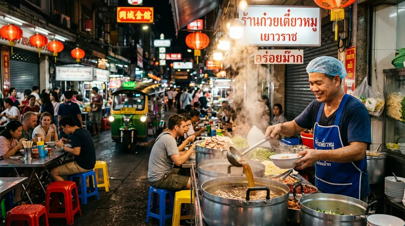 スクンビットの路地裏で湯気を上げる名物豚肉ヌードルと熱気あふれる屋台の賑わい