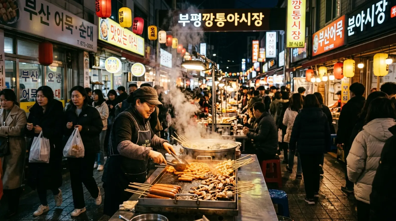 남포동 비프광장 붉은 천막 아래에서 갓 구워낸 씨앗호떡의 고소한 기름 향기와 인파