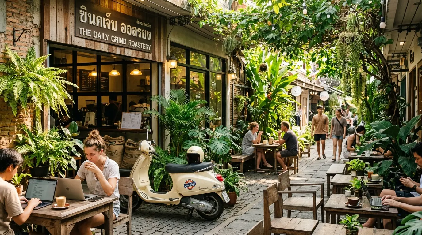 熱帶闊葉植栽與極簡精品自家烘豆咖啡館交織的寧曼路巷弄,空氣中瀰漫著慵懶的北泰微風。