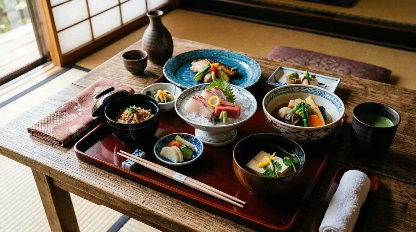 An exquisite traditional Kyoto Kaiseki banquet served on lacquerware with seasonal Kyoto delicacies.