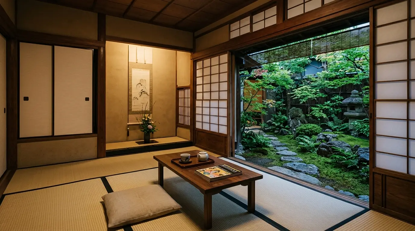 A tranquil boutique machiya room with tatami mats overlooking a private courtyard moss rock garden.
