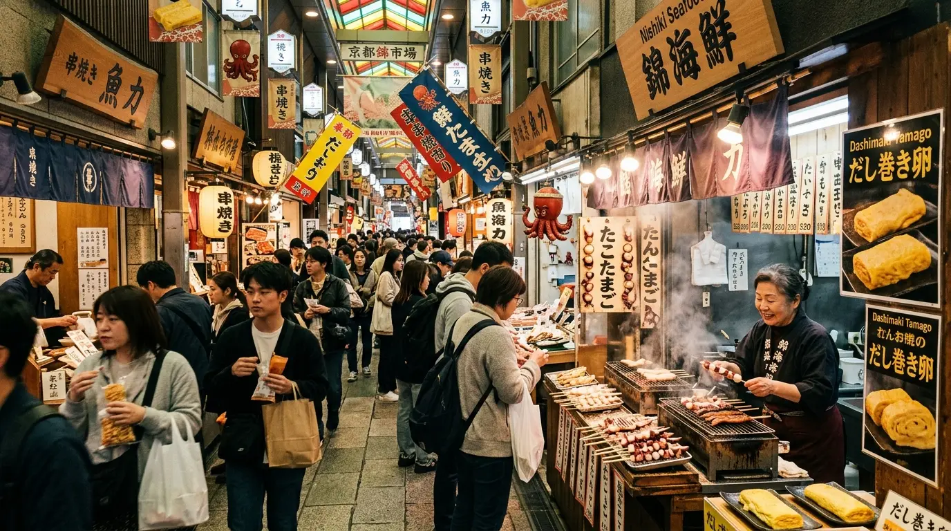 400年の歴史を誇る「京都の台所」錦市場で職人が焼き上げる熱々のだし巻き卵と串焼きグルメ