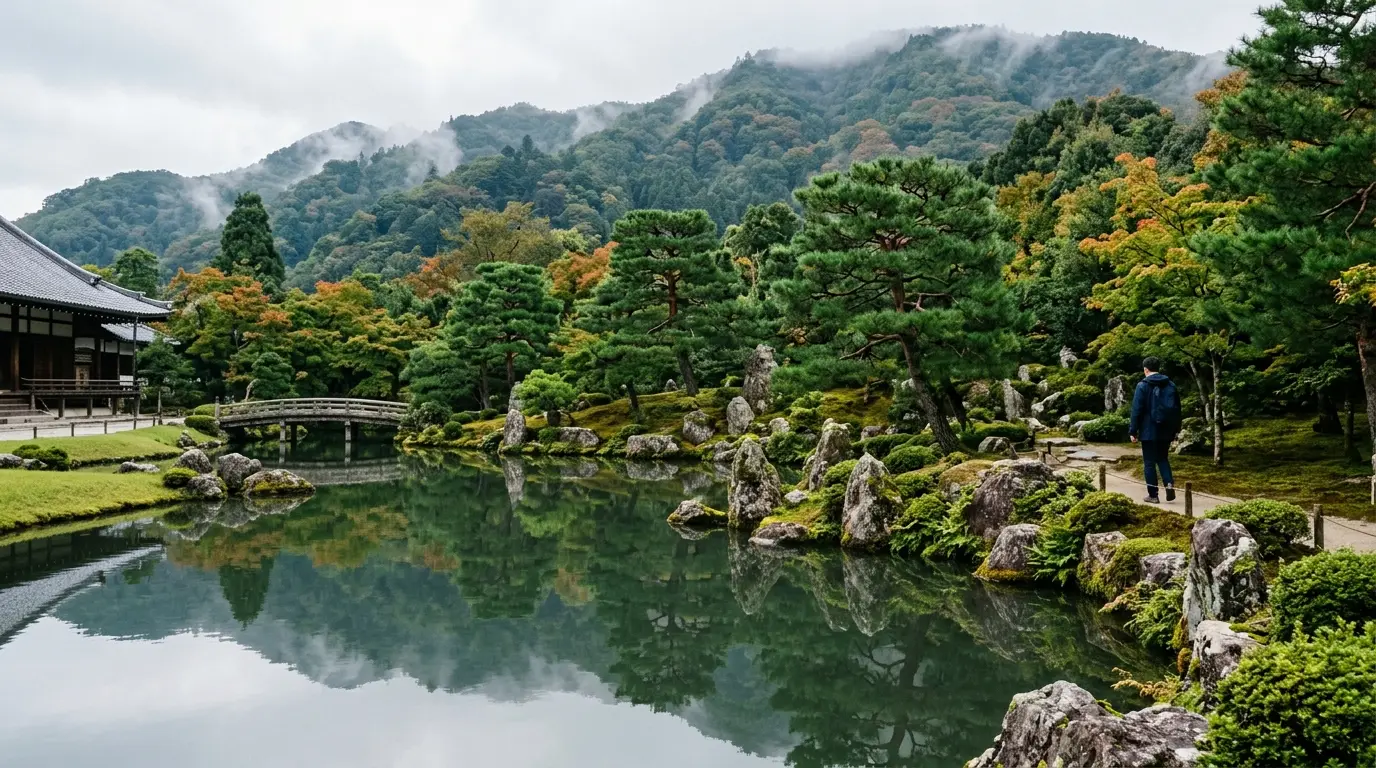 嵐山の大自然を借景として曹源池の澄んだ水面に松と山並みが美しく映り込む天龍寺の禅庭