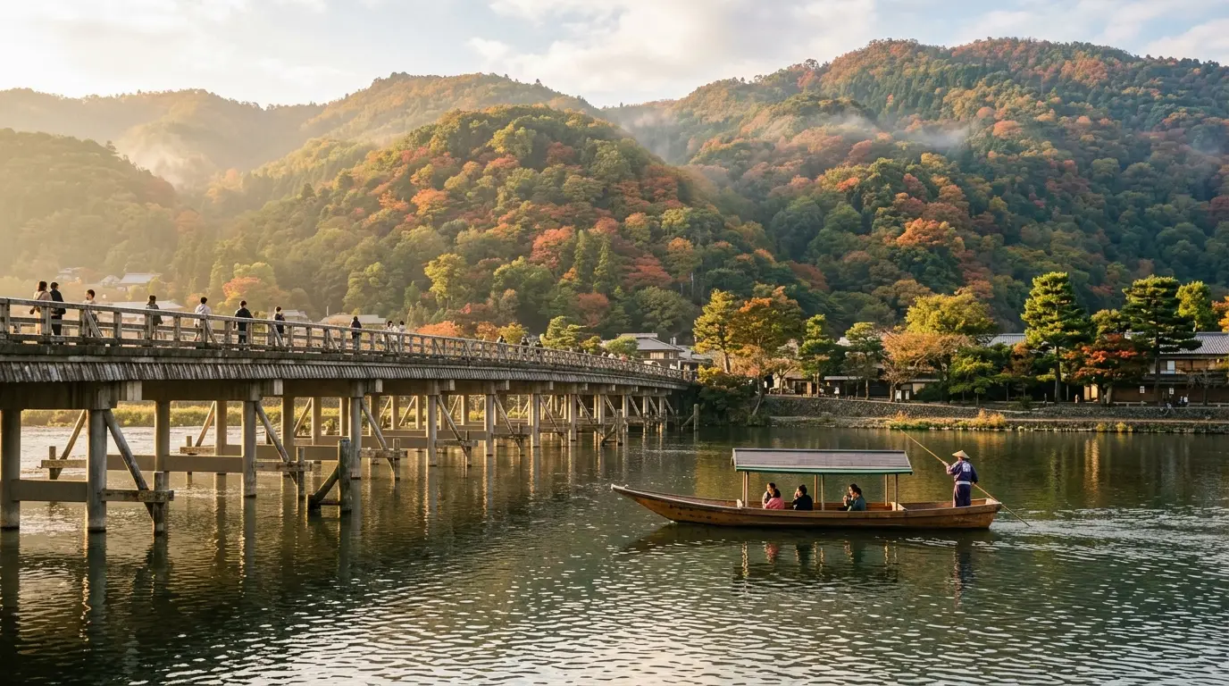 大堰川の清流に屋形船が浮かび四季折々の山景と調和する嵐山のシンボル・渡月橋の優美な佇まい