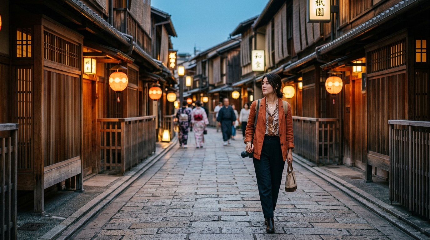 Lantern-lit wooden machiya houses along the historic canals of Gion