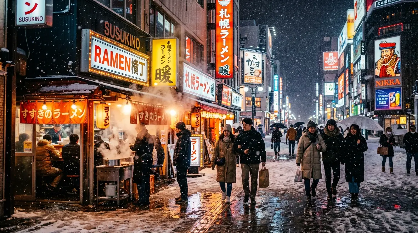 歷史悠久的赤煉瓦石造倉庫群與皚皚白雪倒映於靜謐水面的冬季小樽運河漫步道