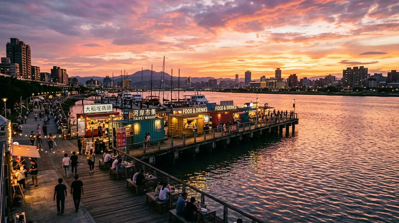 淡水河の波間に夕焼けが広がり、コンテナバーの灯りがともる大稲埕埠頭の夕暮れ散策。