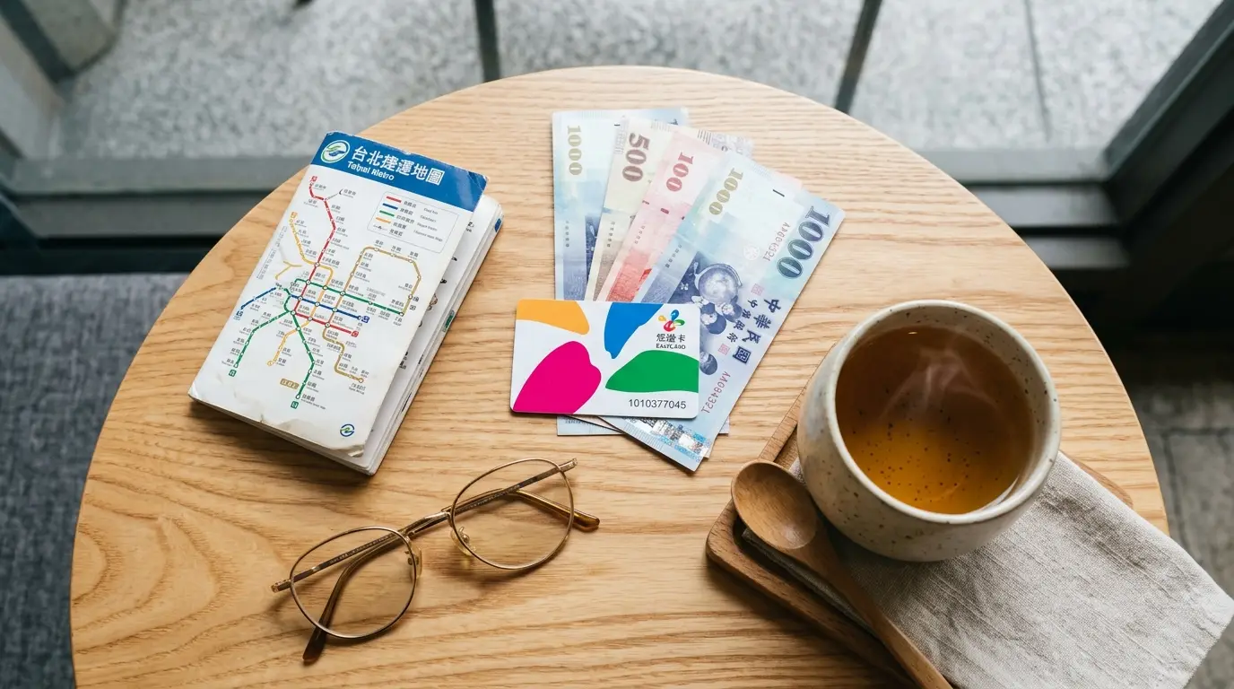 台湾悠遊カード、台湾ドル紙幣、台北MRT路線図、温かい烏龍茶が並ぶ旅の計画テーブル。