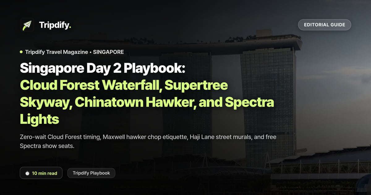 Singapore Day 2 Playbook: Cloud Forest Waterfall, Supertree Skyway, Chinatown Hawker, and Spectra Lights
